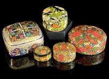 Five Hand painted Paper Mache Boxes