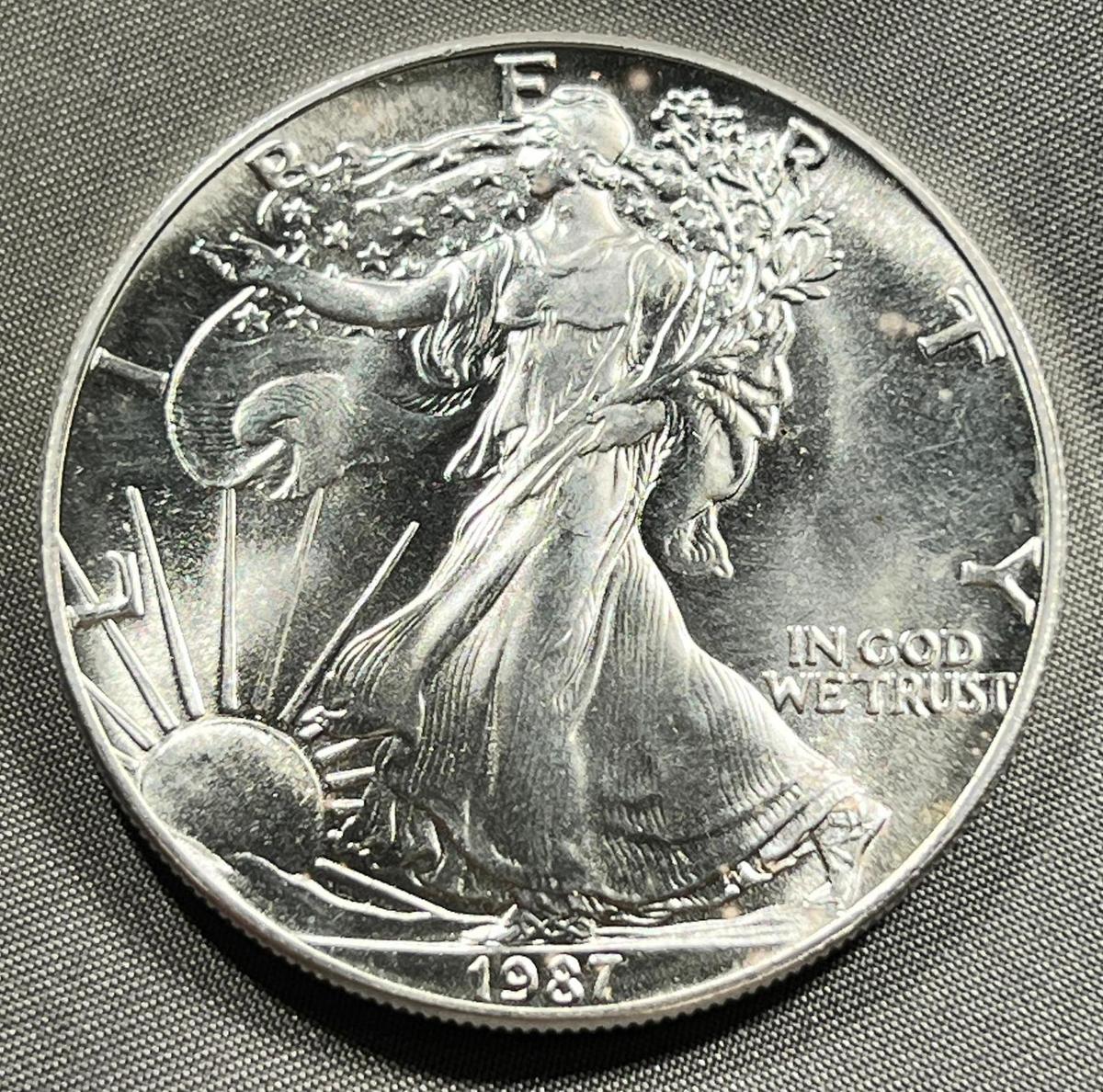 1987 US Silver Eagle Dollar Coin, .999 Fine Silver