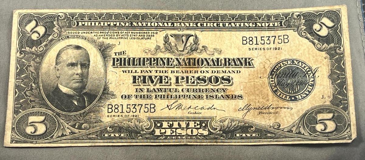 1921 Philippines Five Pesos Bank Note