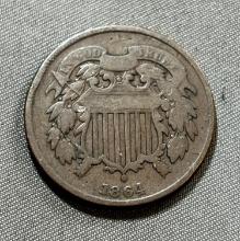 1864 US 2 Cent Piece, Civil War Coin, 180 DEGREE ROTATED DIE