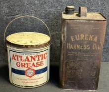Pair Early 1920s Atlantic Grease 5 Lb Pail & Eureka Harness Oil 1 Gallon Can