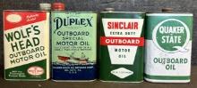 Wolf's Head, Duplex, Sinclair & Quaker State Lot 4 Outboard Quart Motor Oil Cans