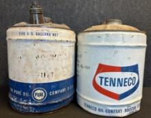 Pure & Tenneco Pair 1950s 5 Gallon Motor Oil Cans