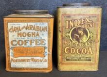 Pair Antique 1900s Mongtomery Ward Java & Arabian Mocha + Index Brand Breakfast Cocoa 5lb Tin Cans