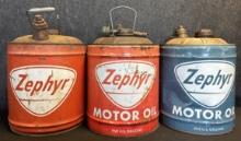 Lot 3 Vintage 1950s-60s Zephyr Motor Oil 5 Gallon Cans