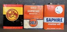 Lot 3 2 Gallon Motor Oil Cans: Gulf Supreme & Saphire & Pekay