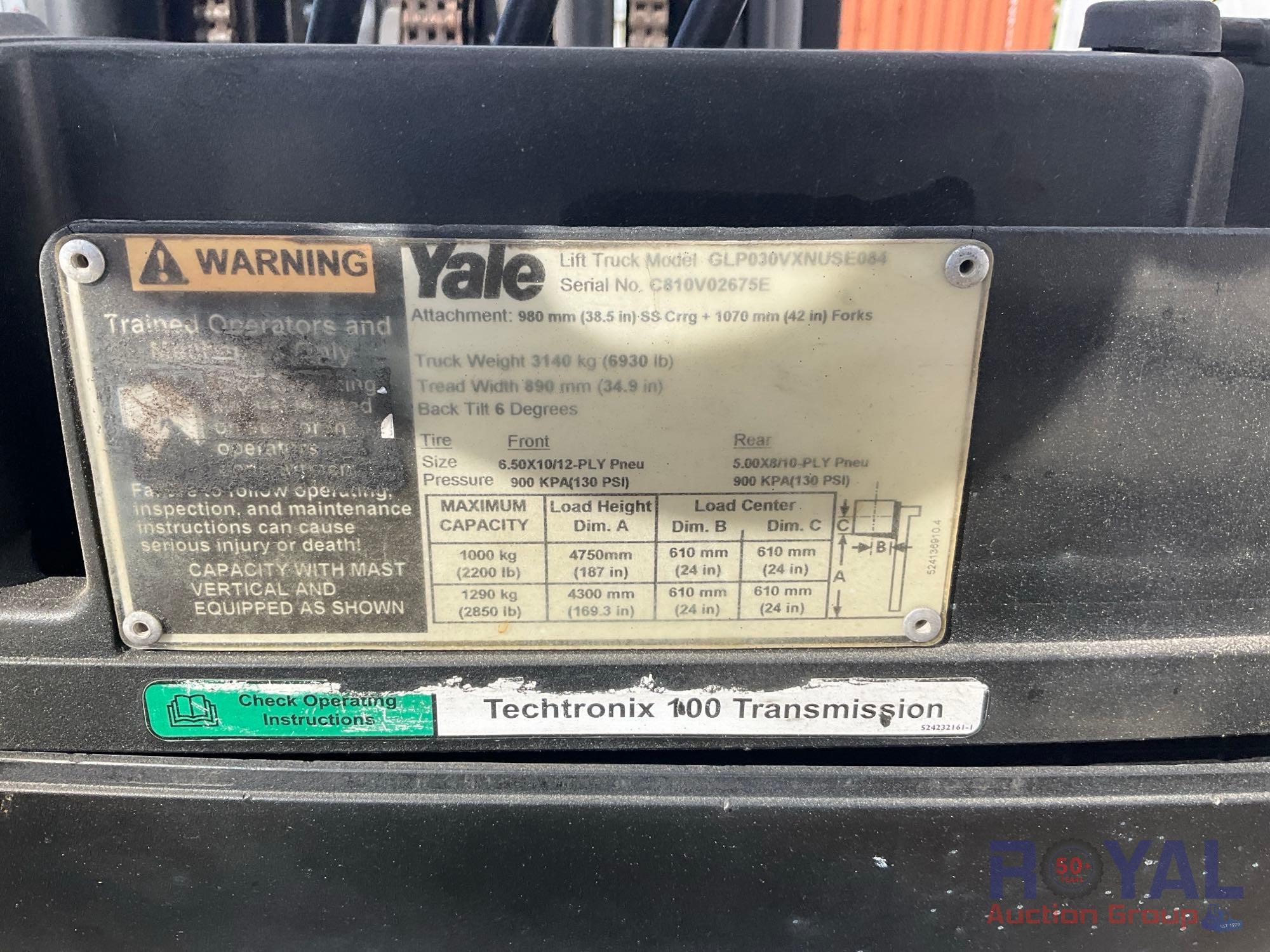 Yale GLP030VXNUSE084 3,000LB Pneumatic Propane Forklift