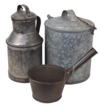 Primitive Metal Containers (3), 4 qt steel cream can, galvanized AT & SP RY