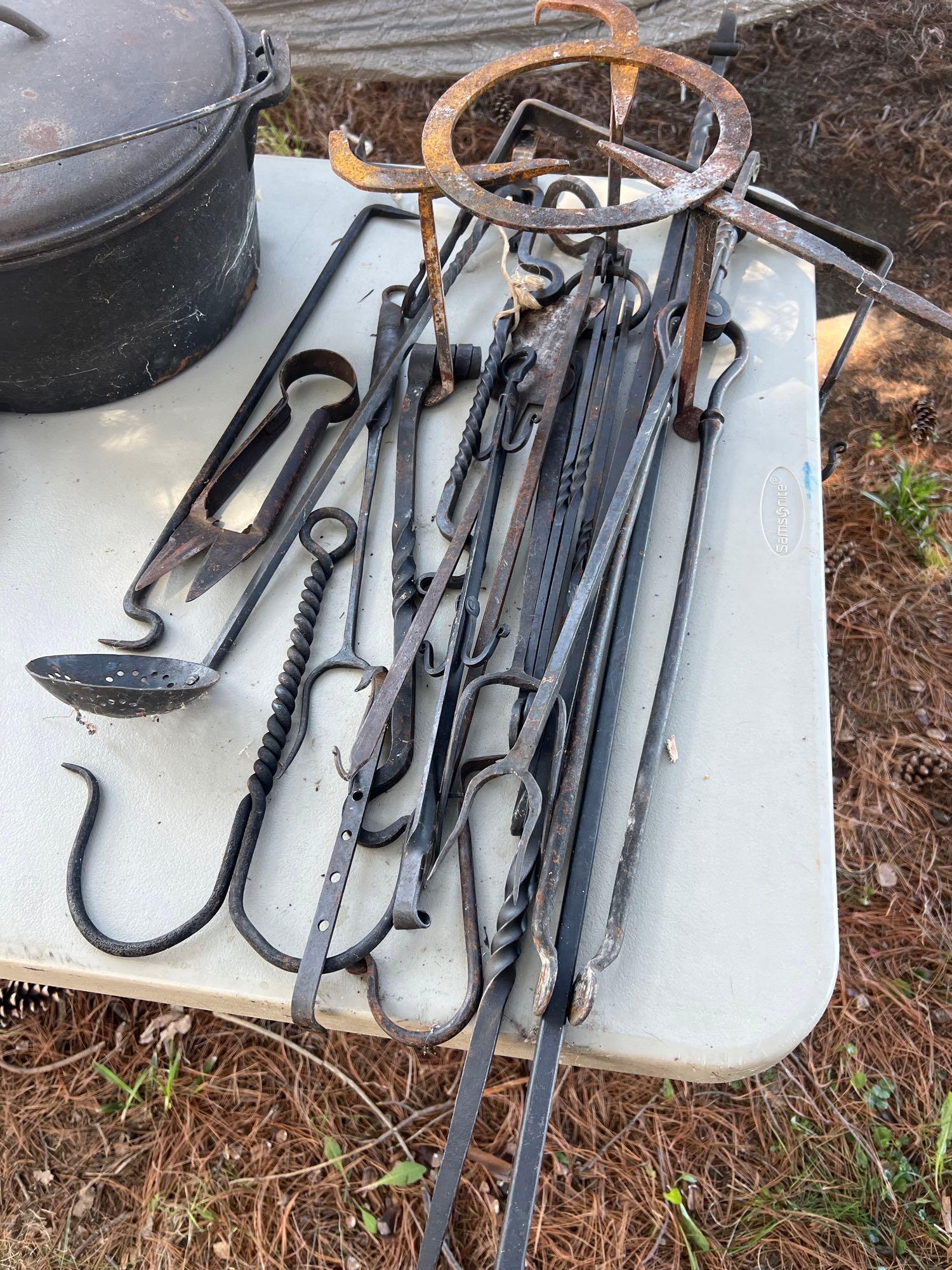 large lot of camping cast iron skillets pot and rod iron hangers