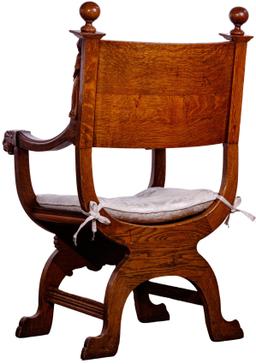 Dagobert-Style Carved Oak Curule Chair
