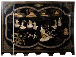 Asian Black Lacquer and Stone Folding Screen
