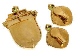 Paula Crevoshay 18k Yellow Gold and Tourmaline Clip-on Earrings and Pendant / Brooch
