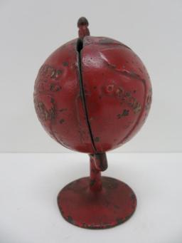 Unusual Globe cast iron bank, 5 1/2"