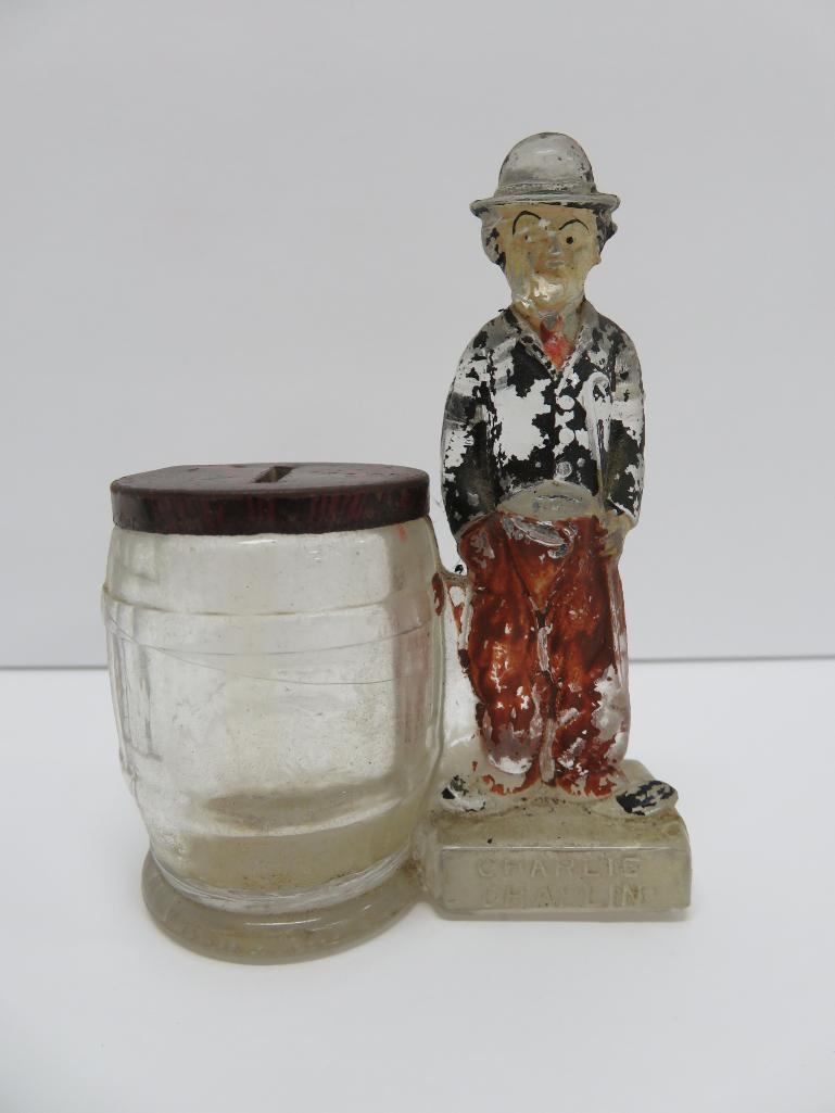 Charlie Chaplin glass still bank candy container, 4", #2862, New York