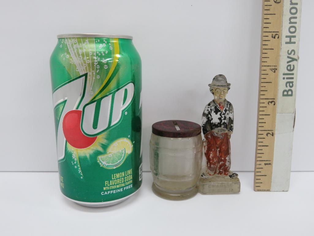 Charlie Chaplin glass still bank candy container, 4", #2862, New York