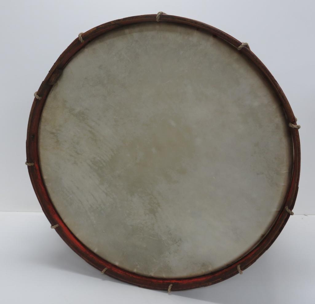 Civil War Era base drum, 26 3/4" diameter and 17 1/4" tall, eagle and shield painted decoration