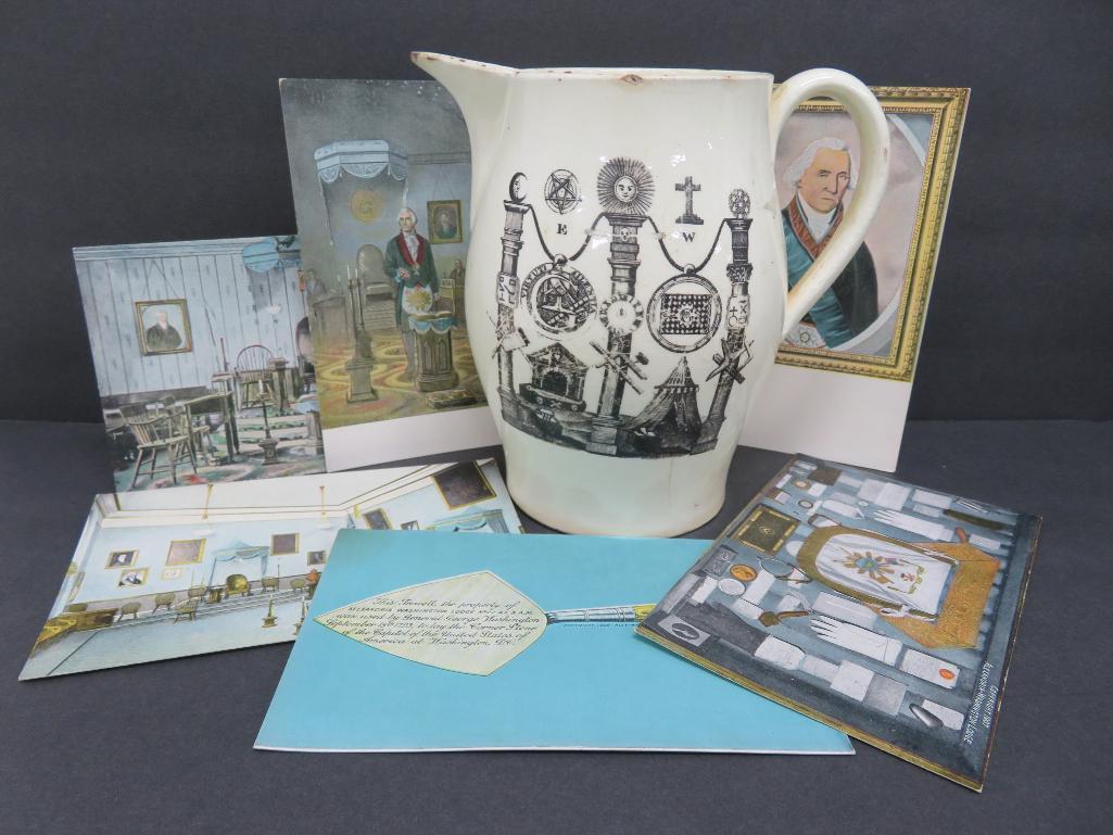 6" Antique cream ware Masonic pitcher and 6 Washington masonic postcards