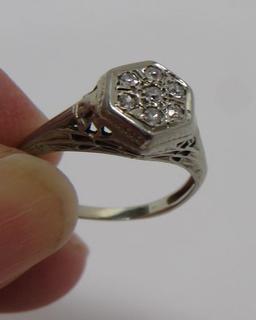 Art Deco diamond ring, reticulated setting, several inset diamond chips, size 5