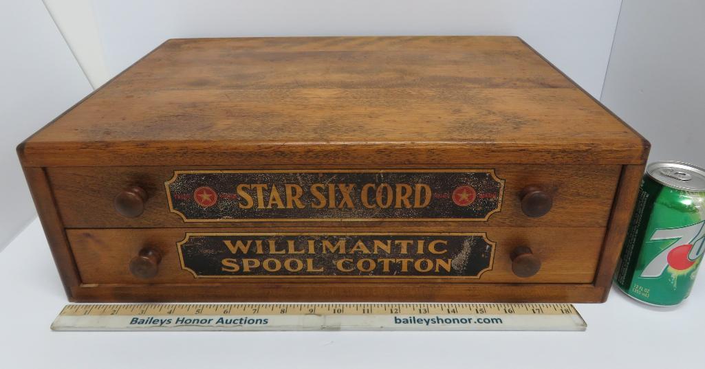 Lovely two drawer spool cabinet, Star Six Cord, Willimantic spool cotton