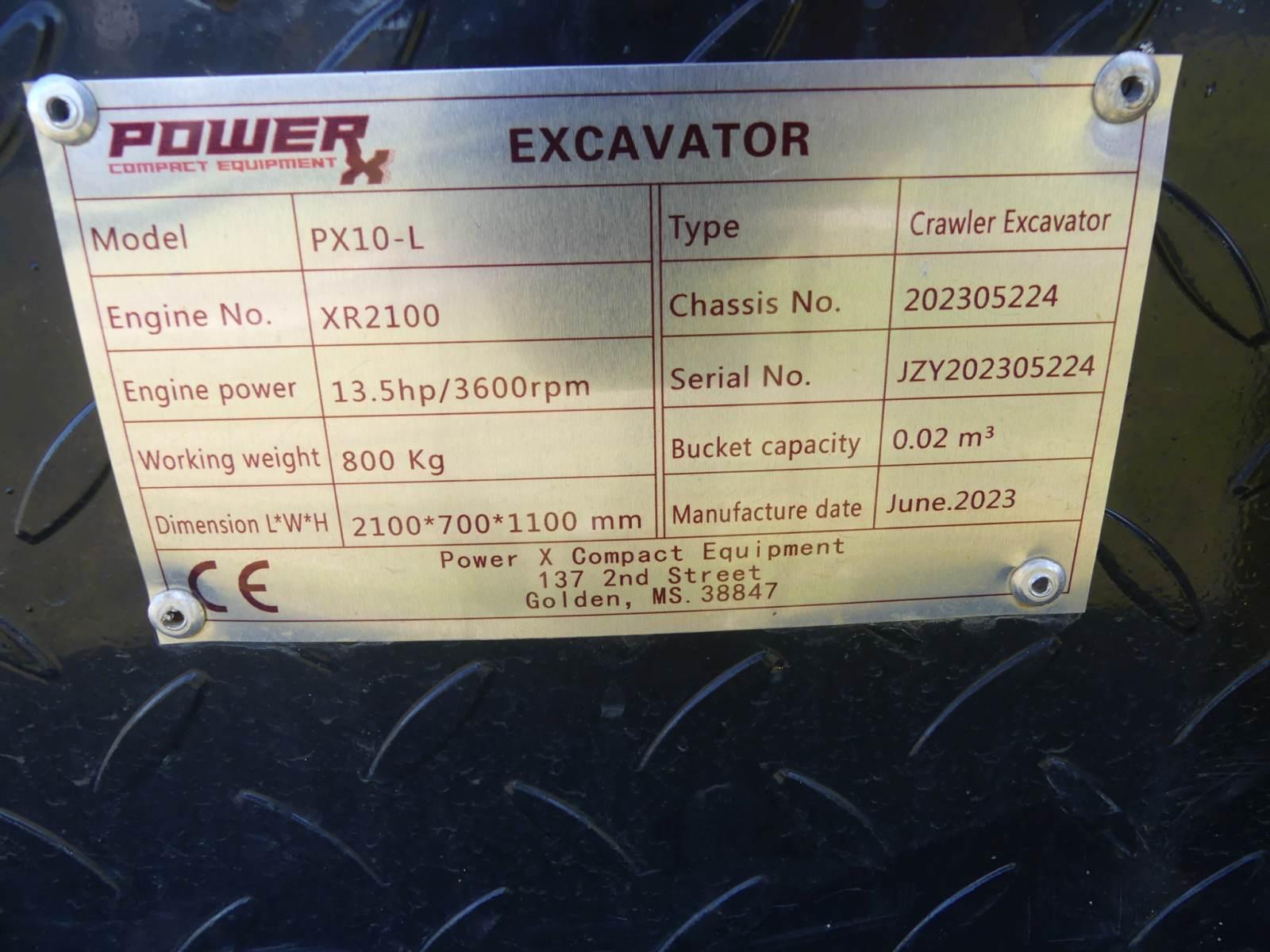 2023 Power X PX10-l Mini Excavator, s/n 305224: 13.5hp Gas Eng., Blade, 2 h