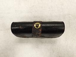 BROWN LEATHER CARTRIDGE BOX, MCKENNEY & CO, NEW YORK PATTENED 1878, WOODEN