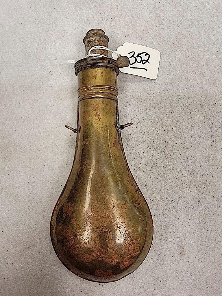 BRASS POWDER FLASK MARKED SYKES PATENT