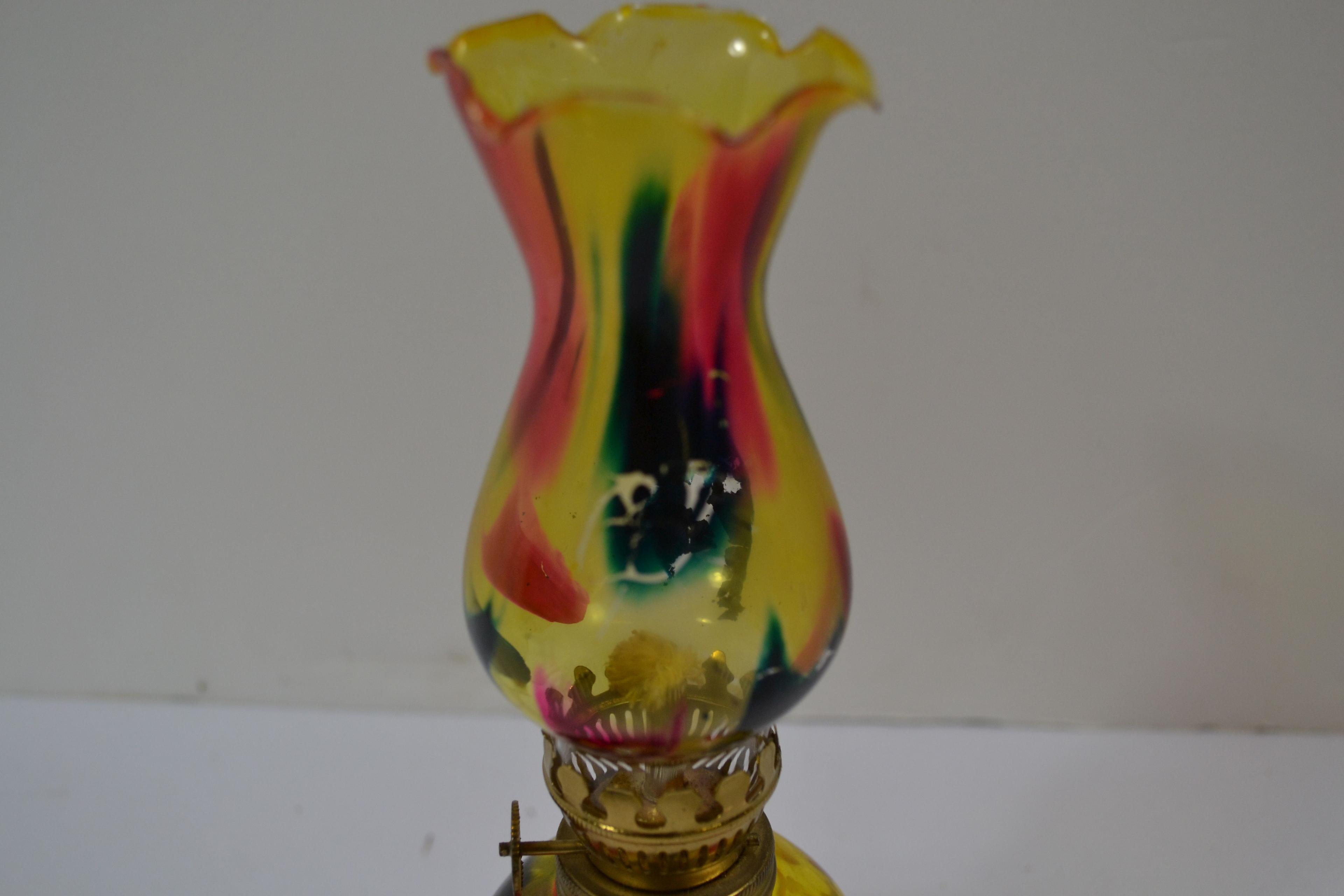 Vintage Mini Oil Lamp in Rainbow Splatter Pattern; 8"