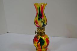 Vintage Mini Oil Lamp in Rainbow Splatter Pattern; 8"