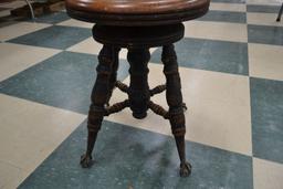 Antique Piano Stool, Original Finish, Claw and Marble Feet, By Charles Parker- Meriden CT.