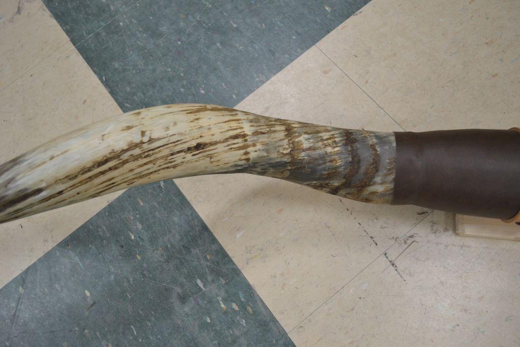 Pair of Longhorn Steer Horns 78" Wrapped in Leather; Wood Base
