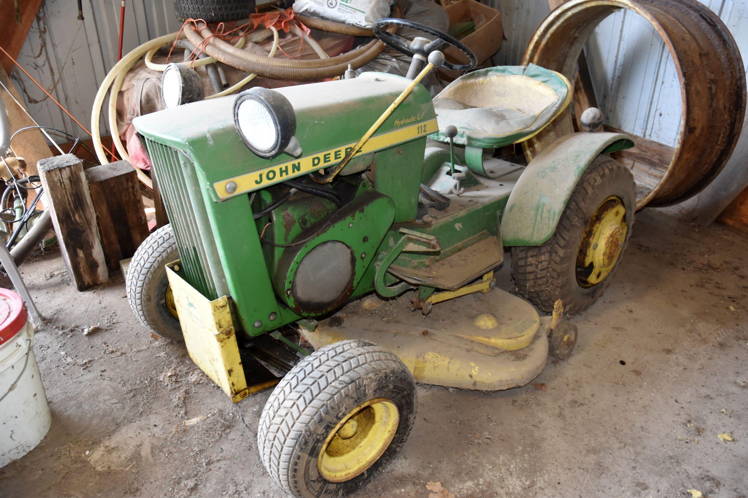 John Deere 112 Garden Tractor, Hydraulic Lift, Mower Deck And Snowblower, Wheel Weights