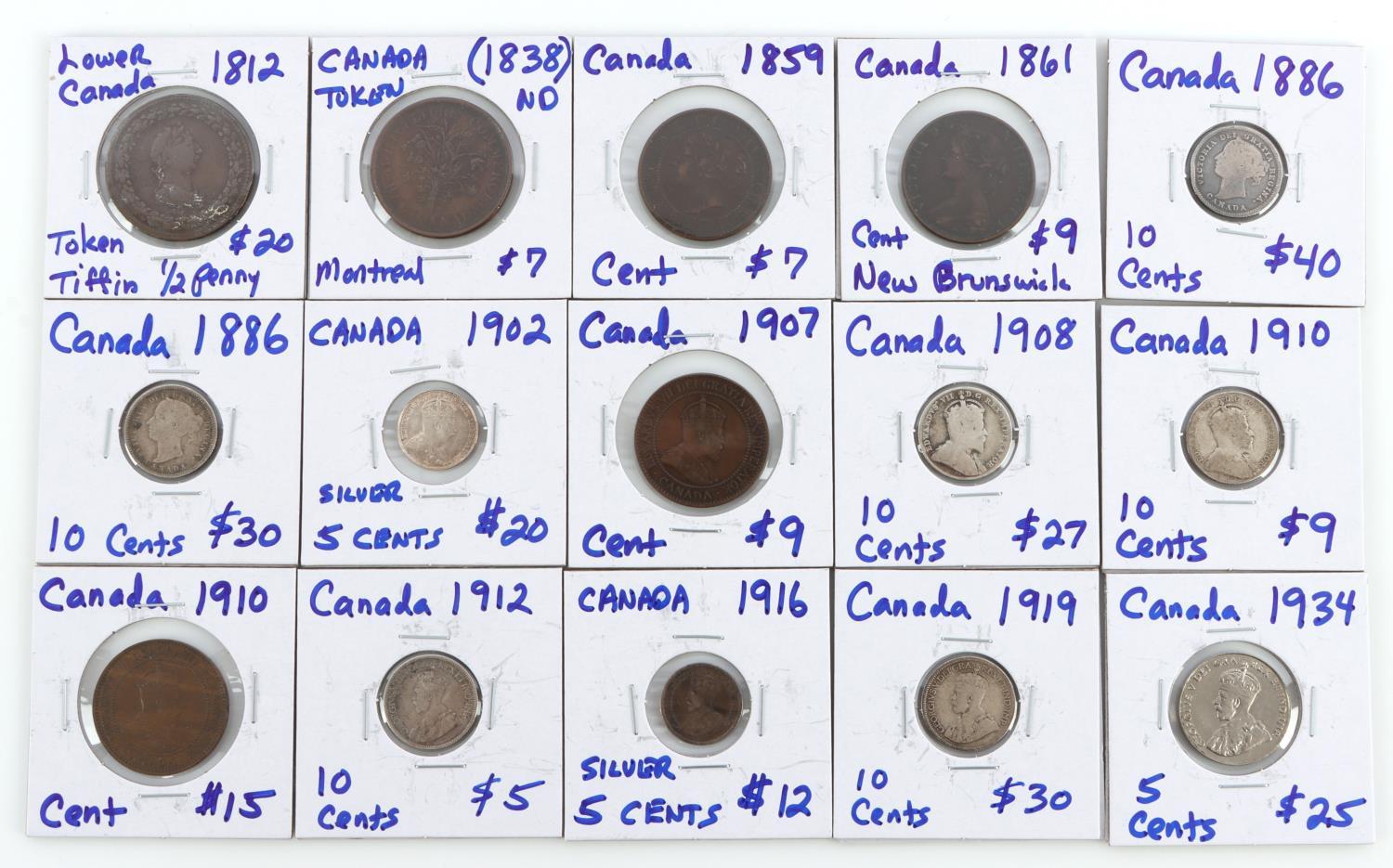 CANADA TOKEN AND COIN SILVER AND BRONZE LOT OF 15