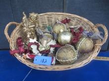BASKET OF GOLD CHRISTMAS ORNAMENTS