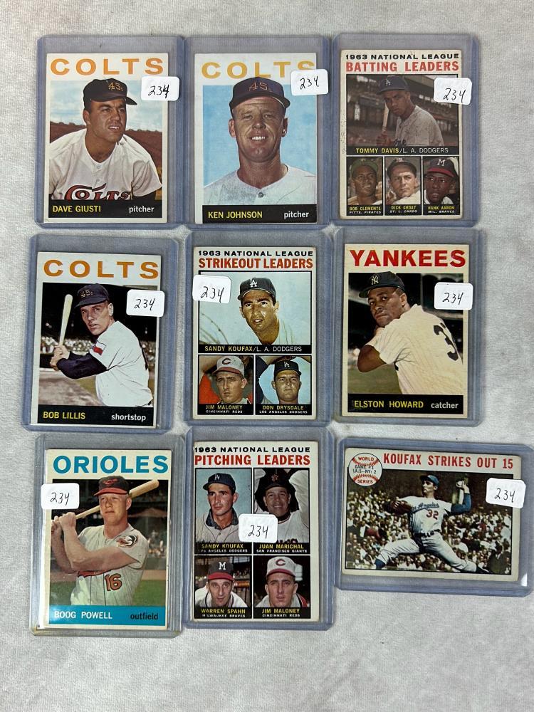 (9) 1964 Topps Baseball - Koufax, Clemente, Aaron, Drysdale