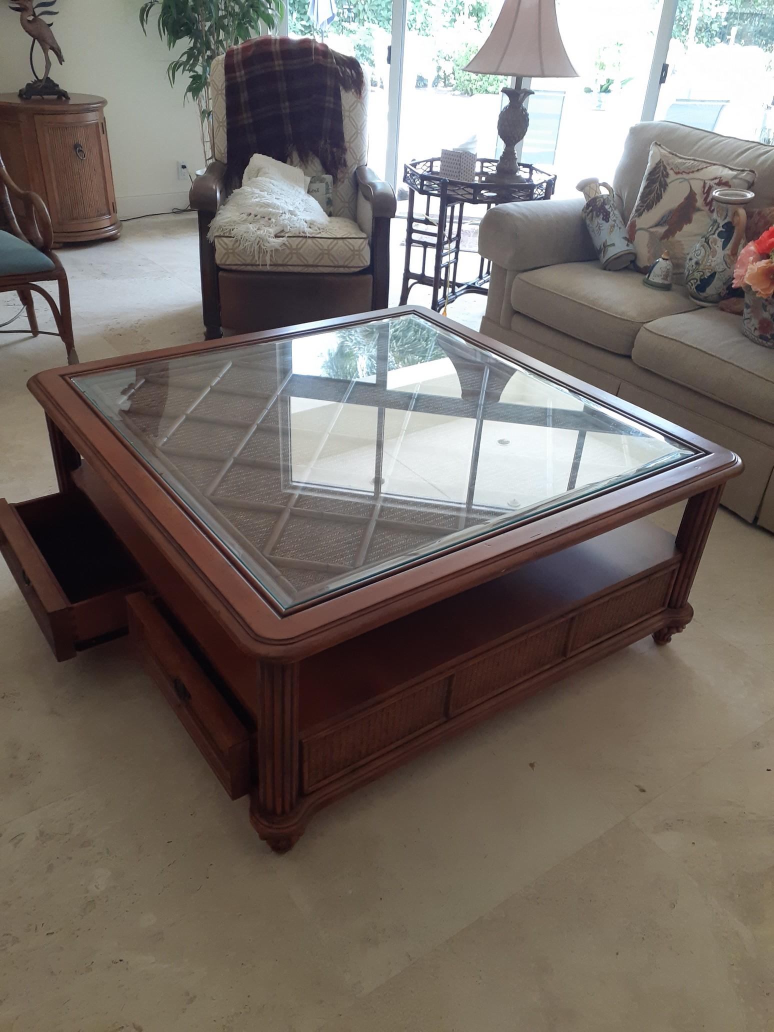 Brown Wicker Coffee Table with glasstop by Newport Beach - 46 x 46 inches