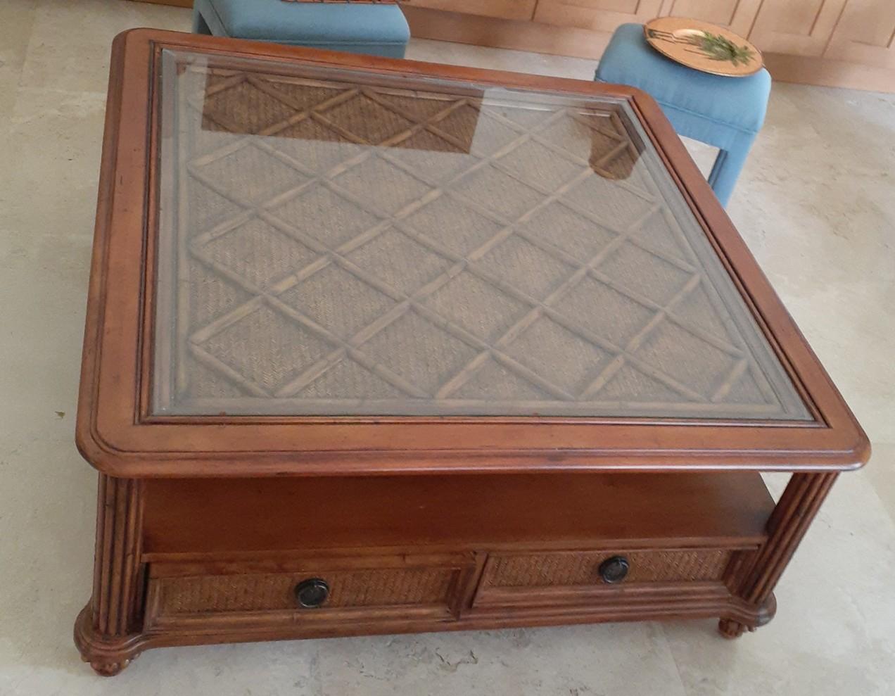 Brown Wicker Coffee Table with glasstop by Newport Beach - 46 x 46 inches