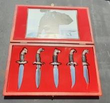 Knife set - set of 5 with collector's case -one head needs to be re-glued