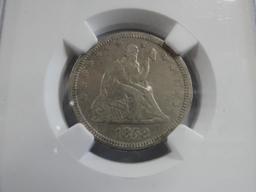 NGC GRADED FINE DETAILS, CLEANED 1858 SEATED LIBERTY 25¢