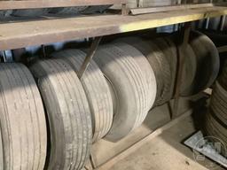 TIRE RACK, 24 TRUCK 11R22.5, 275/80R22.5 TIRES, SOME ON RIMS,