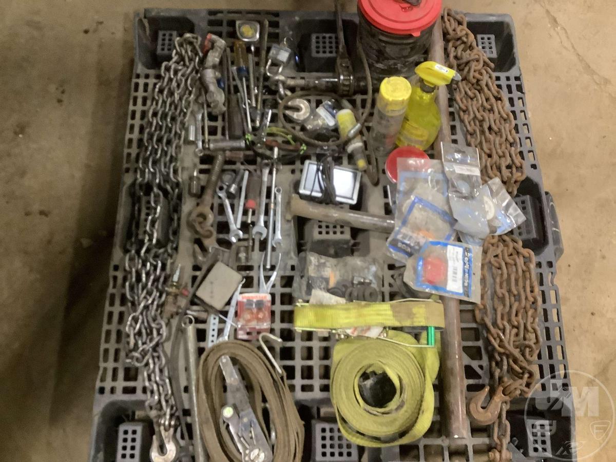 A PALLET OF, LOG CHAINS, BINDERS, STRAPS, WRENCHES, LIGHTS