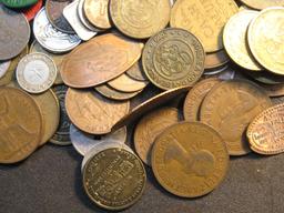(90) Pieces of Transportation Tokens, Elongated, Medals, Foreign Coins & Pinbacks.