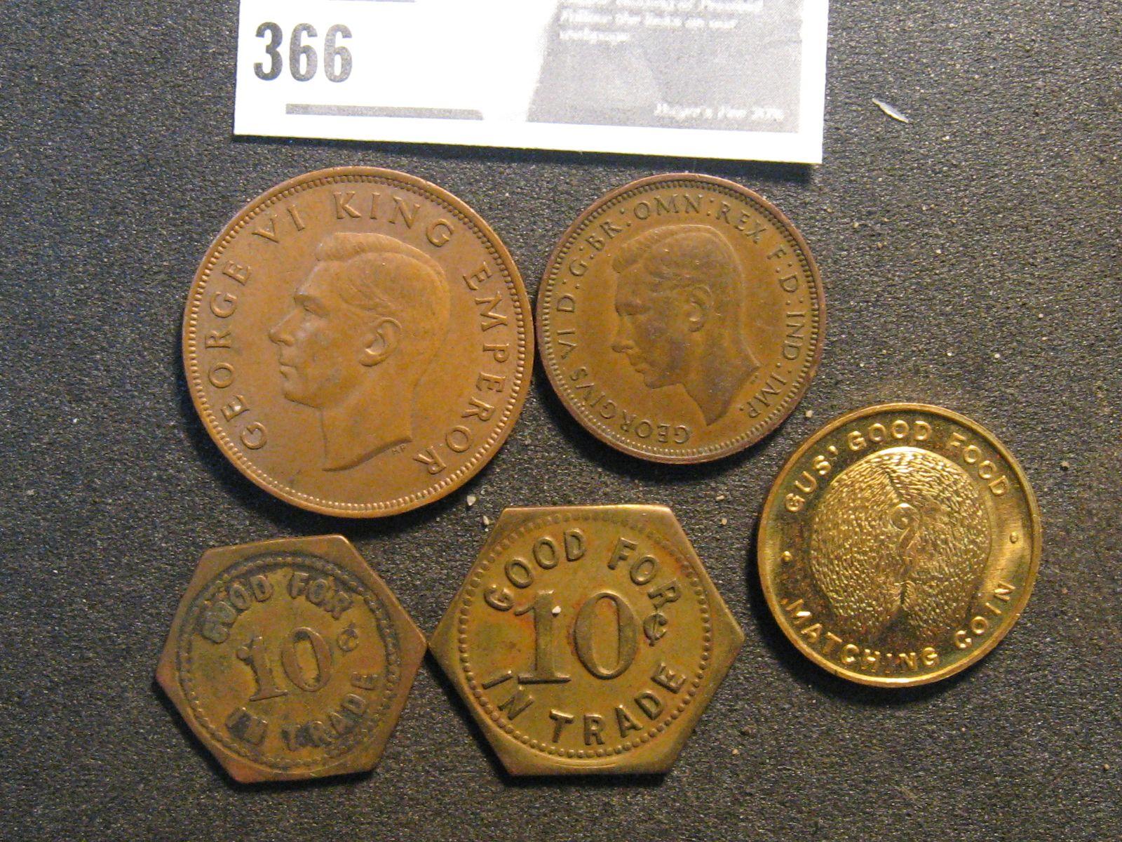 (2) Macerick Richard's Smoke Shop Good for 10c in Trade Tokens, Gus Good For matching Coin, 1942 Bri