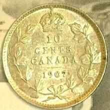 1907 Canada Edward VII Silver Dime, AU.