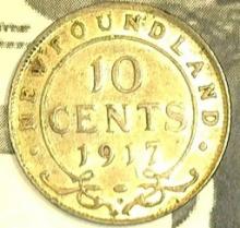 1917 C Newfoundland Silver Dime, EF.
