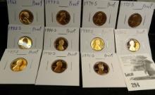 1963P, 73S, 74S, 75S, 82S, 84S, 85S, 86S, 87S, 90S, & 91S U.S. Proof Lincoln Cents. All carded.