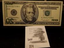 Series 1996 U.S. $20 Federal Reserve Note, Printing error Bleed Through on left obverse. Near Crisp