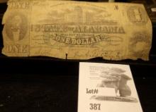 January 1, 1863 One Dollar State of Alabama Banknote, partial separation. Serial no. 119936.