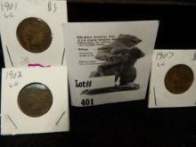 1901, 02 & 07 Indian Head Cents VG.