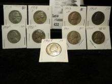 1938, 39, 40, 40D, 40S, 41, 41D, 41S & 42 Circulated Jefferson Nickels.