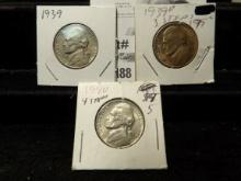 1939 AU, 1939D Unc. & 1940 Unc. Jefferson Nickels.